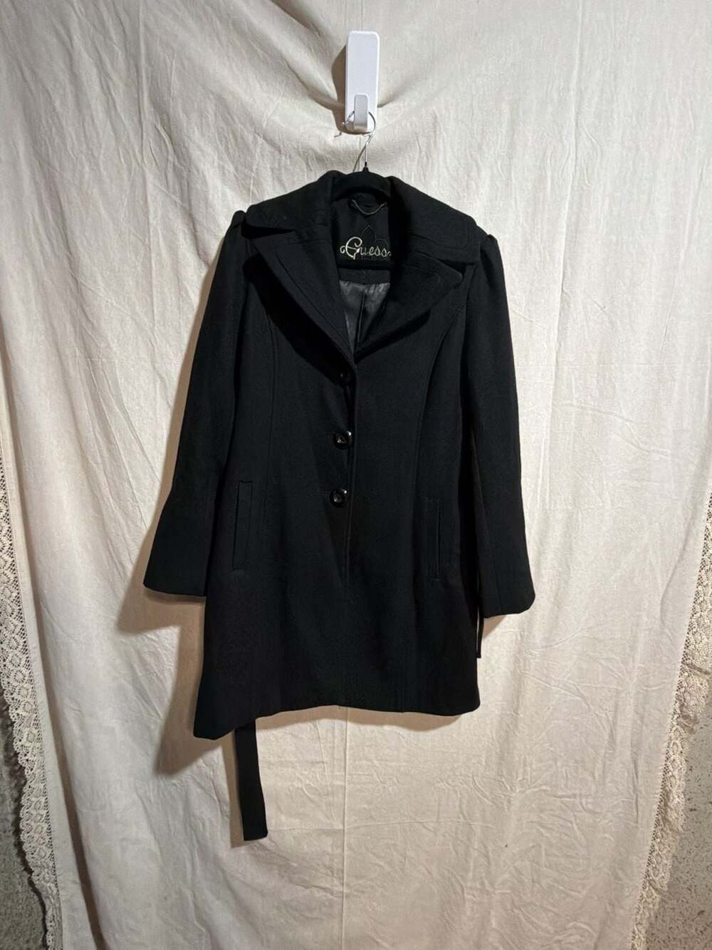 Guess Women's Black Wool Blend Mid-Length Walking Coat with Belt